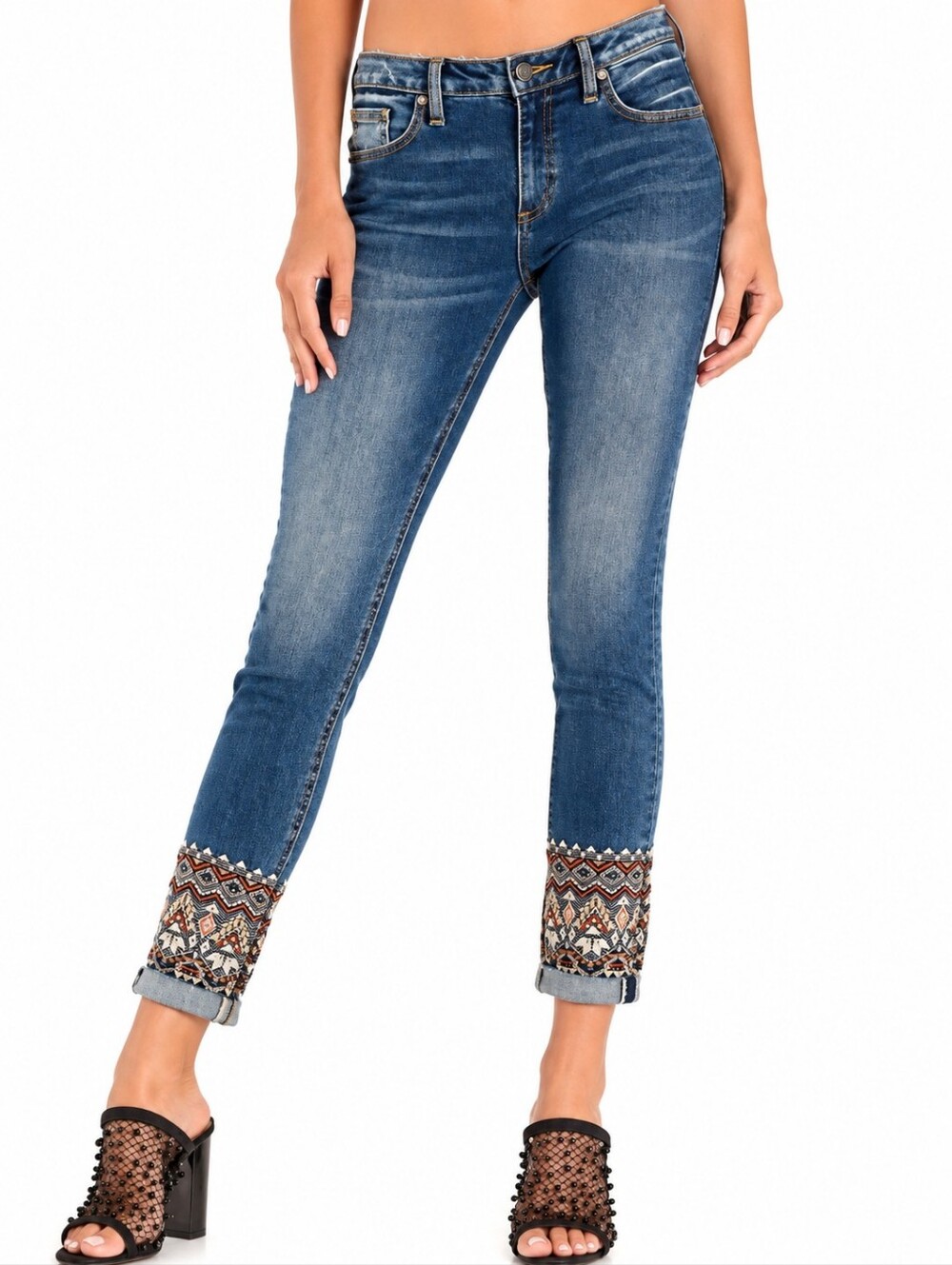 ❤️ MISS ME AZTEC EMBROIDERED RHINESTONE ANKLE SKINNY JEANS, 2 (26)